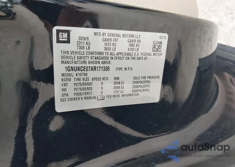 2010 Chevrolet Tahoe Ltz z USA, uszkodzony, nr VIN 1GNUKCE07AR171306